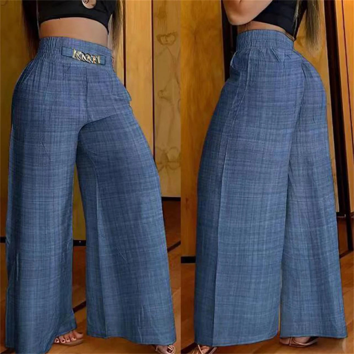 Pantalón Ancho Tiro Alto — Detalle Metálico, Estilo Chic