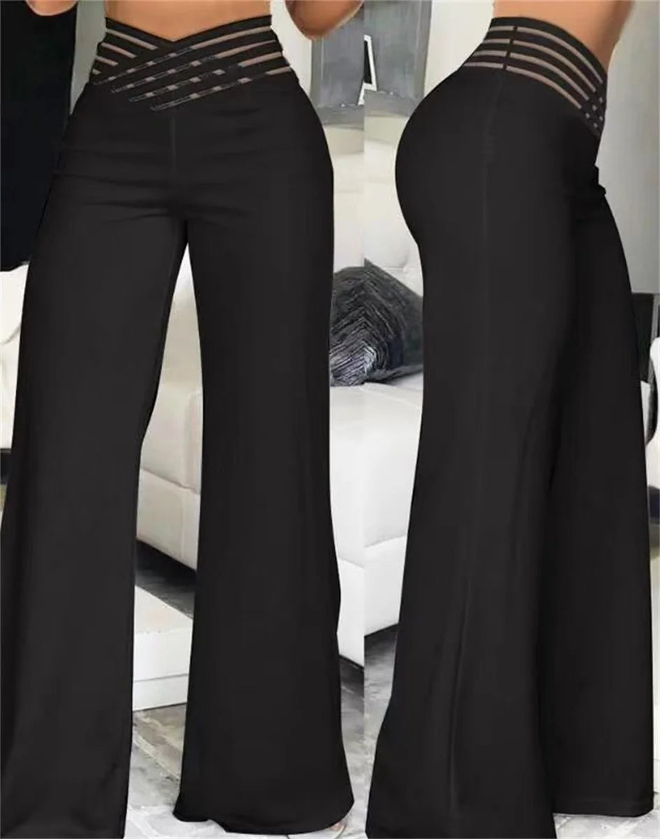 Pantalón Ancho Tiro Alto — Detalle Metálico, Estilo Chic
