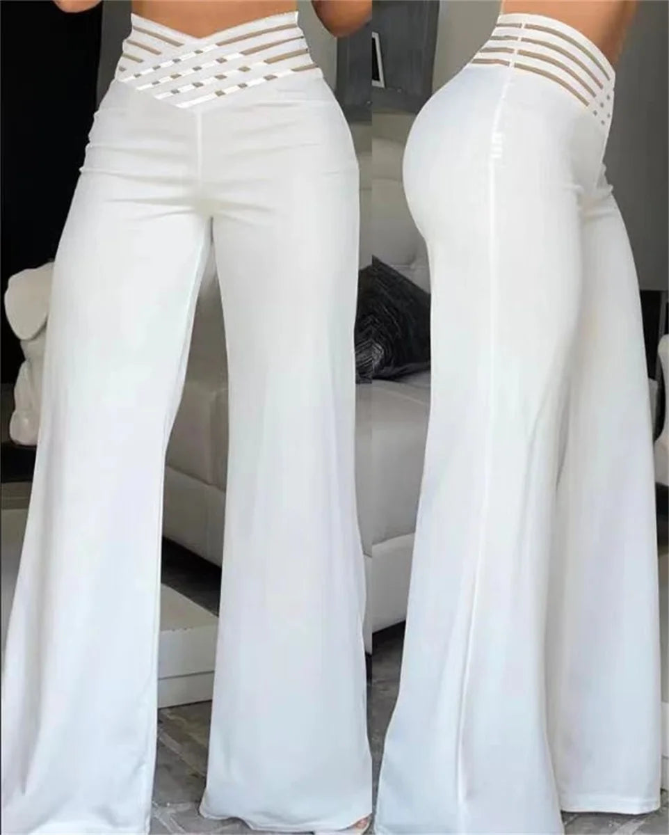 Pantalón Ancho Tiro Alto — Detalle Metálico, Estilo Chic