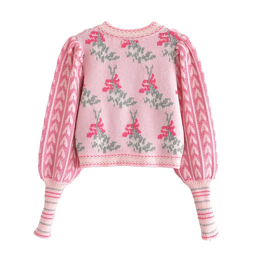 Sweater Corto Jacquard con Volados — Manga Abullonada Vintage