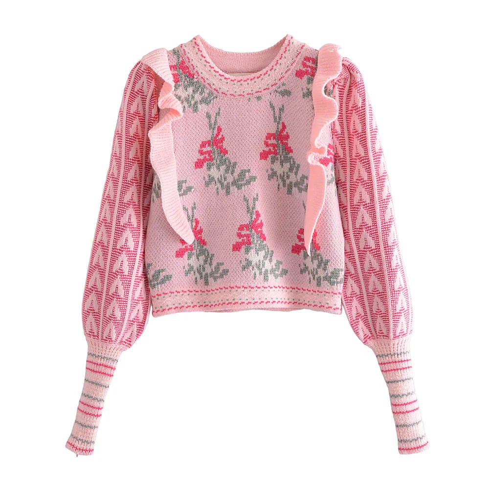 Sweater Corto Jacquard con Volados — Manga Abullonada Vintage