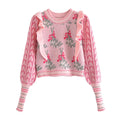 Sweater Corto Jacquard con Volados — Manga Abullonada Vintage