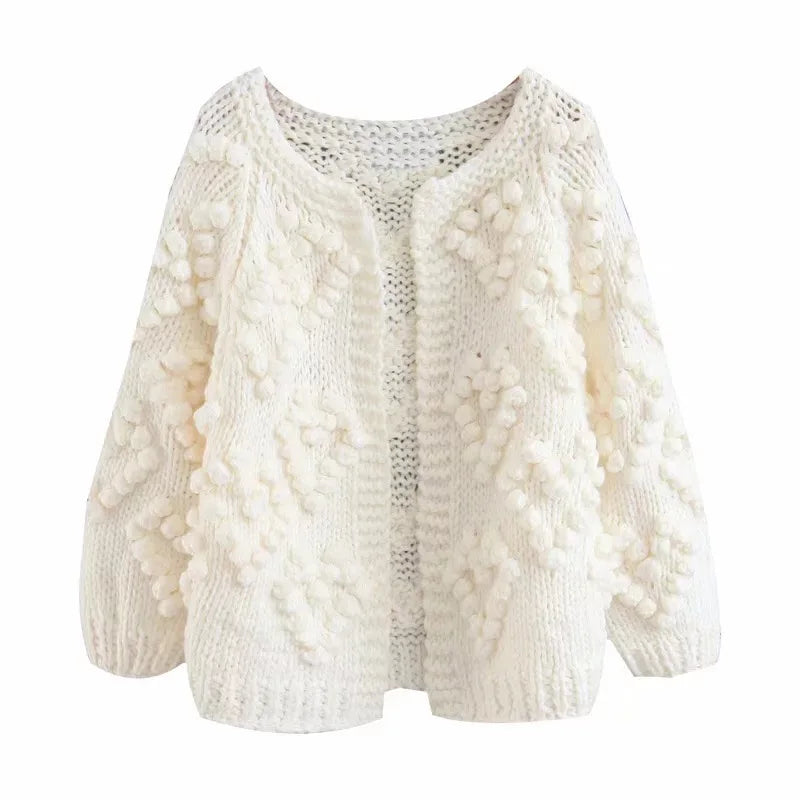 Cárdigan Tejido Calado con Pompones 3D — Cuello Redondo Vintage