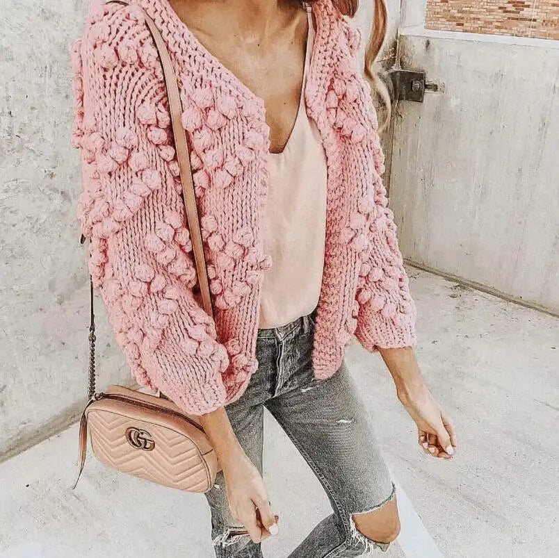 Cárdigan Tejido Calado con Pompones 3D — Cuello Redondo Vintage