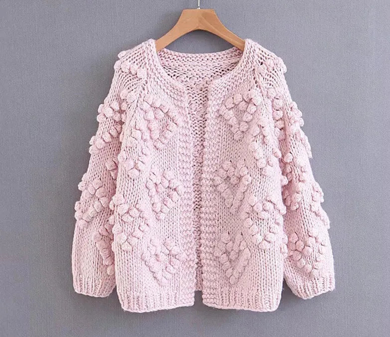 Cárdigan Tejido Calado con Pompones 3D — Cuello Redondo Vintage