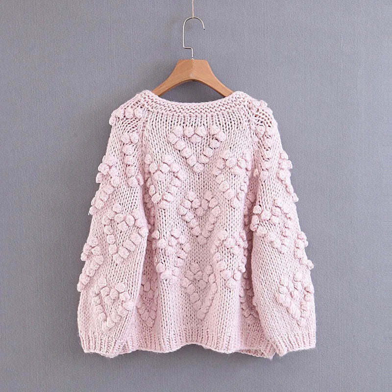 Cárdigan Tejido Calado con Pompones 3D — Cuello Redondo Vintage