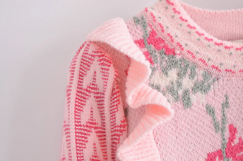 Sweater Corto Jacquard con Volados — Manga Abullonada Vintage