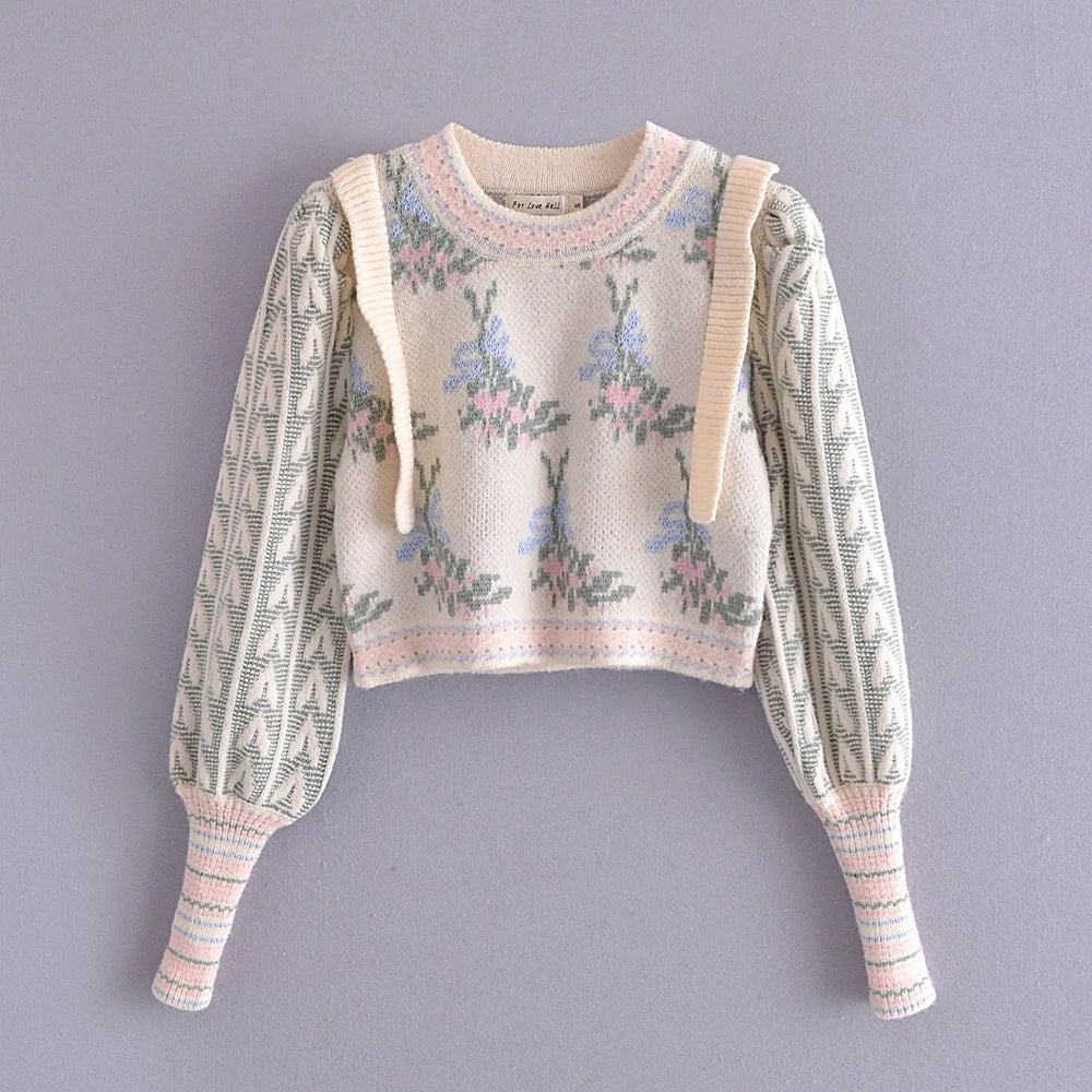 Sweater Corto Jacquard con Volados — Manga Abullonada Vintage