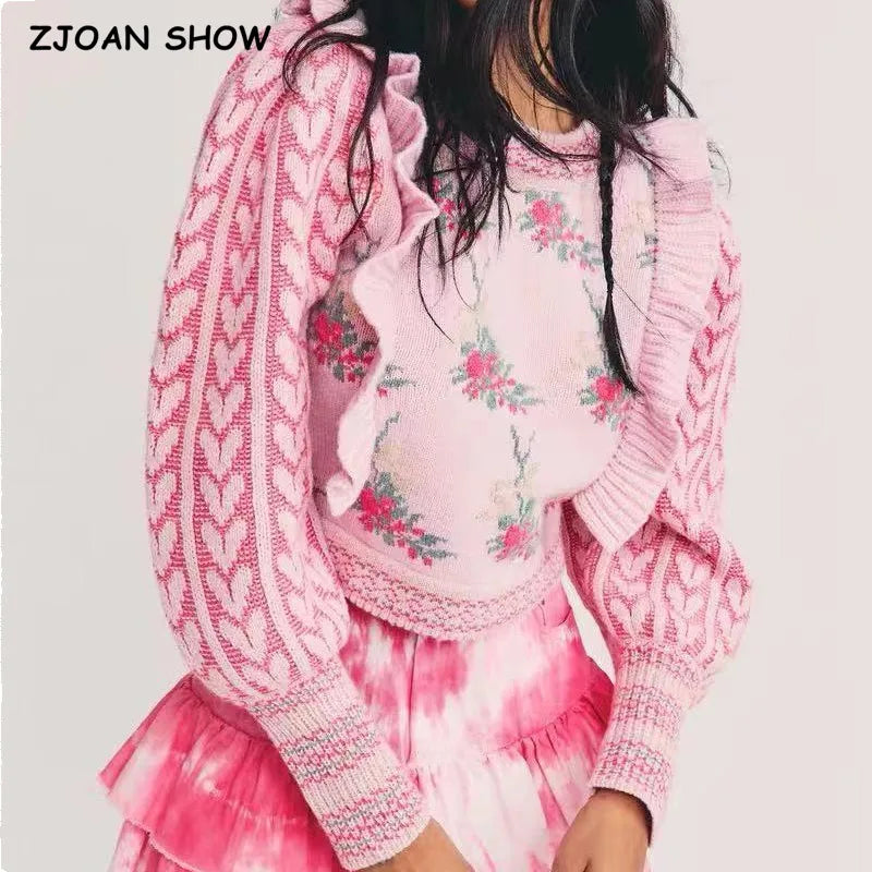 Sweater Corto Jacquard con Volados — Manga Abullonada Vintage