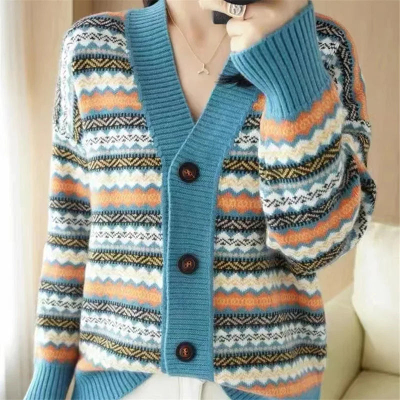 Cárdigan Estampado con Botones — Cuello V Vintage