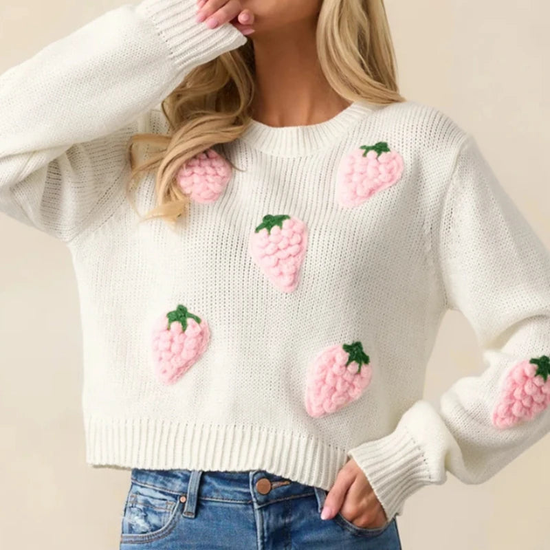 Sweater con Fresas Bordadas 3D — Diseño Tierno