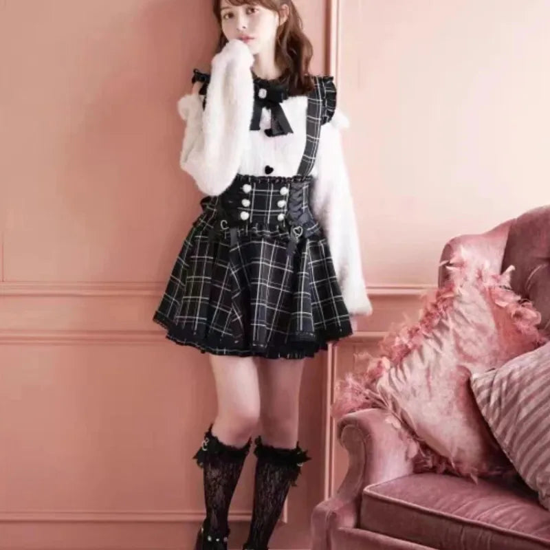 Falda Tiro Alto con Tirantes y Lazo — Estilo Kawaii