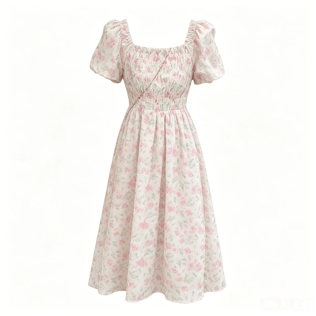 Vestido Midi Plisado Floral — Manga Globo y Cintura Ceñida