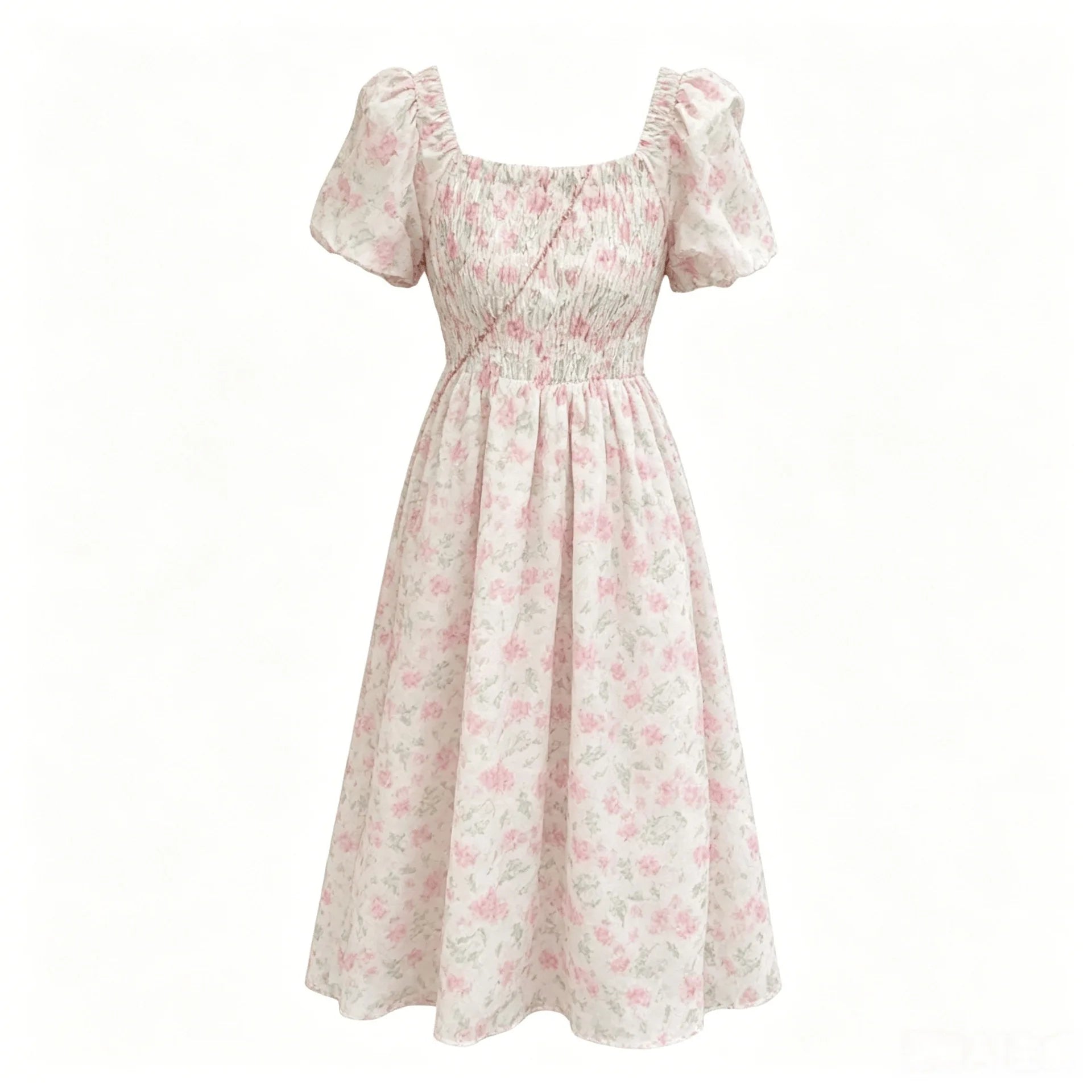Vestido Midi Plisado Floral — Manga Globo y Cintura Ceñida