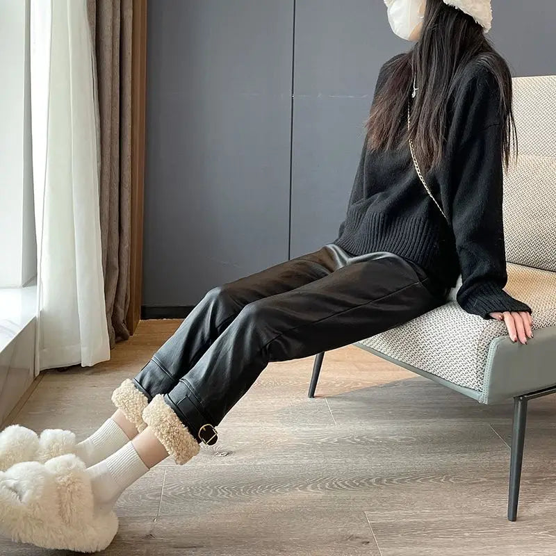 Pantalón de Piel Sintética Afelpada — Tiro Alto de Invierno