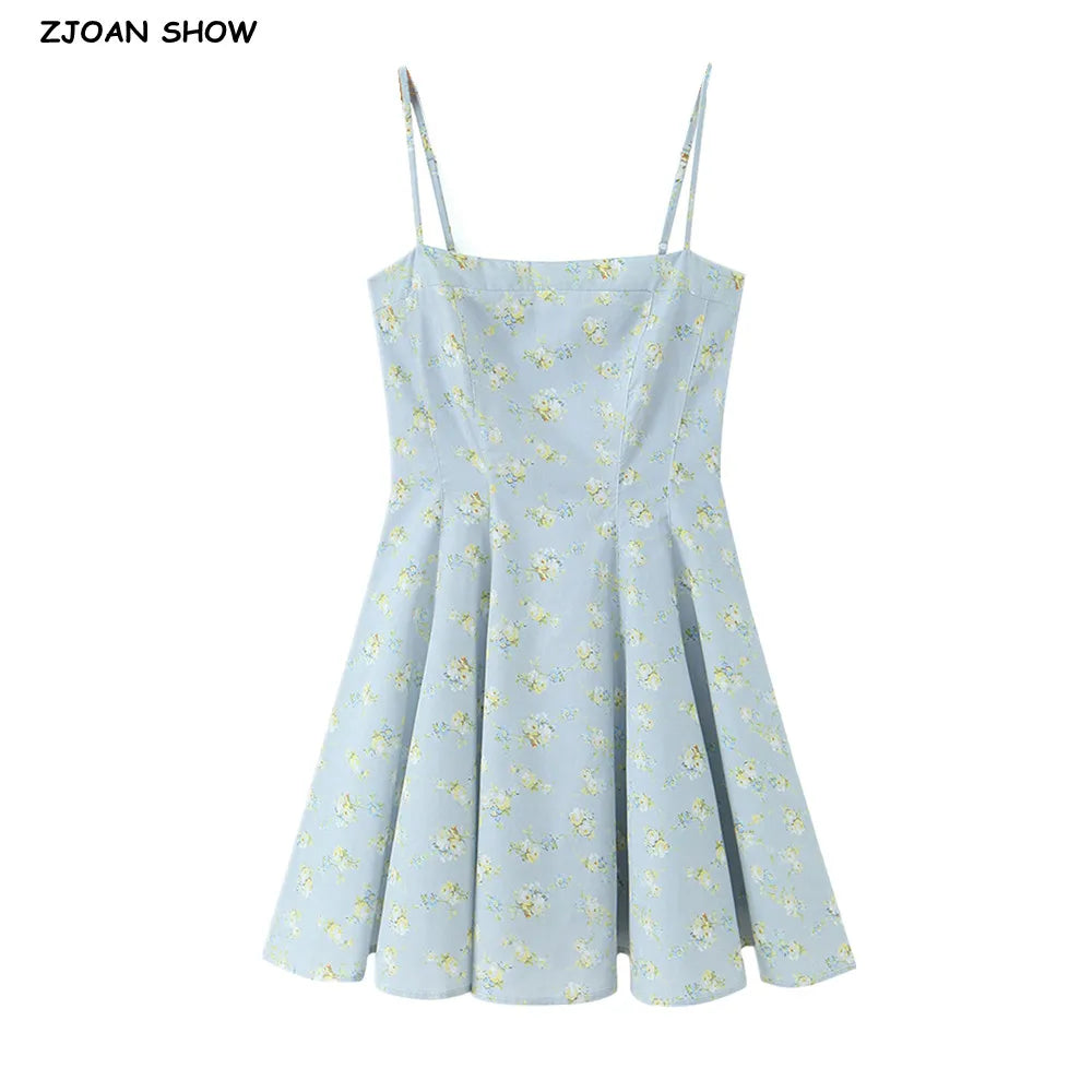 Vestido Mini de Tirantes Azul Floral — Cierre Trasero