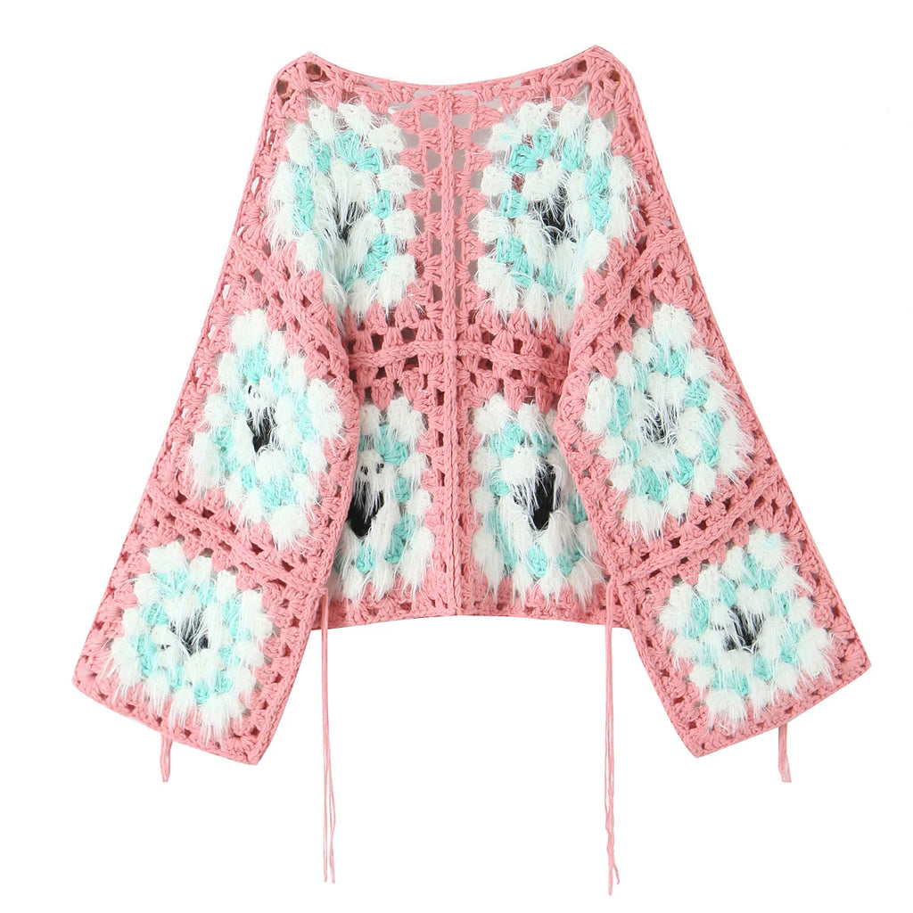 Cárdigan Crochet Peludo Rosa — Lazo y Flecos