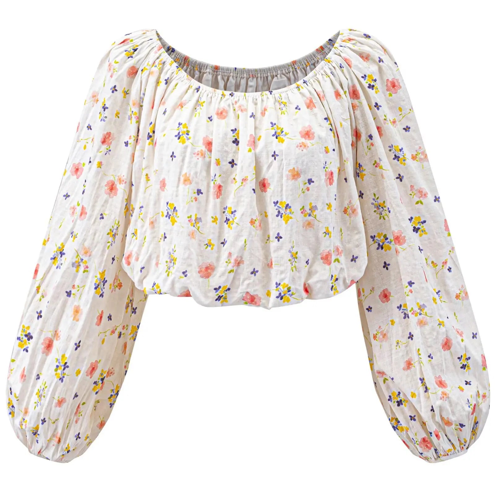 Blusa Beige Floral — Hombro Asimétrico y Manga Farol