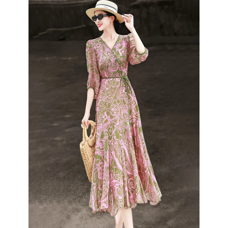 Vestido Maxi Sirena Estampado Paisley — Mangas Abullonadas