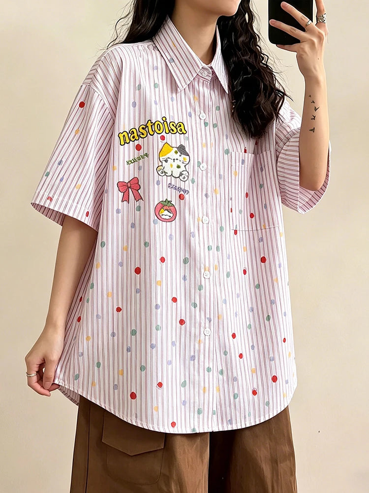 Blusa Bordada de Lunares y Rayas — Estilo Kawaii
