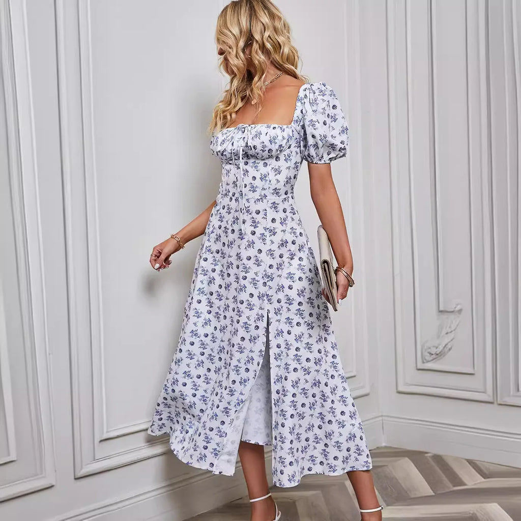 Vestido Floral Sin Tirantes con Abertura — Manga Corta Abullonada