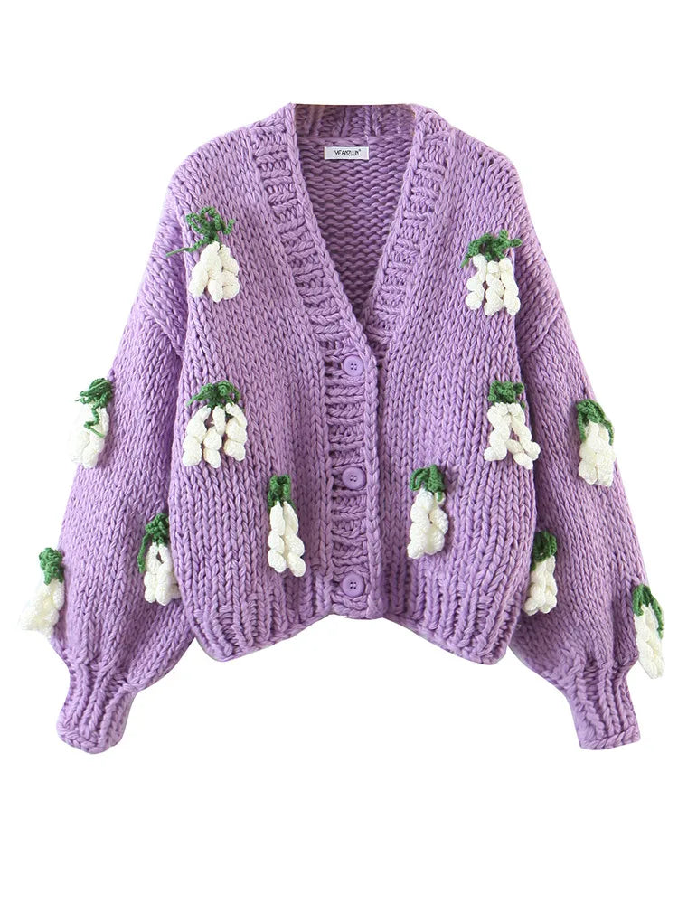 Cárdigan Crochet con Pompones 3D — Cuello V Retro