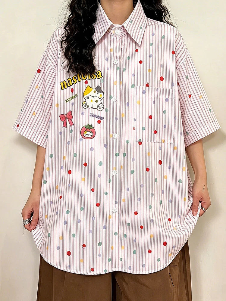 Blusa Bordada de Lunares y Rayas — Estilo Kawaii