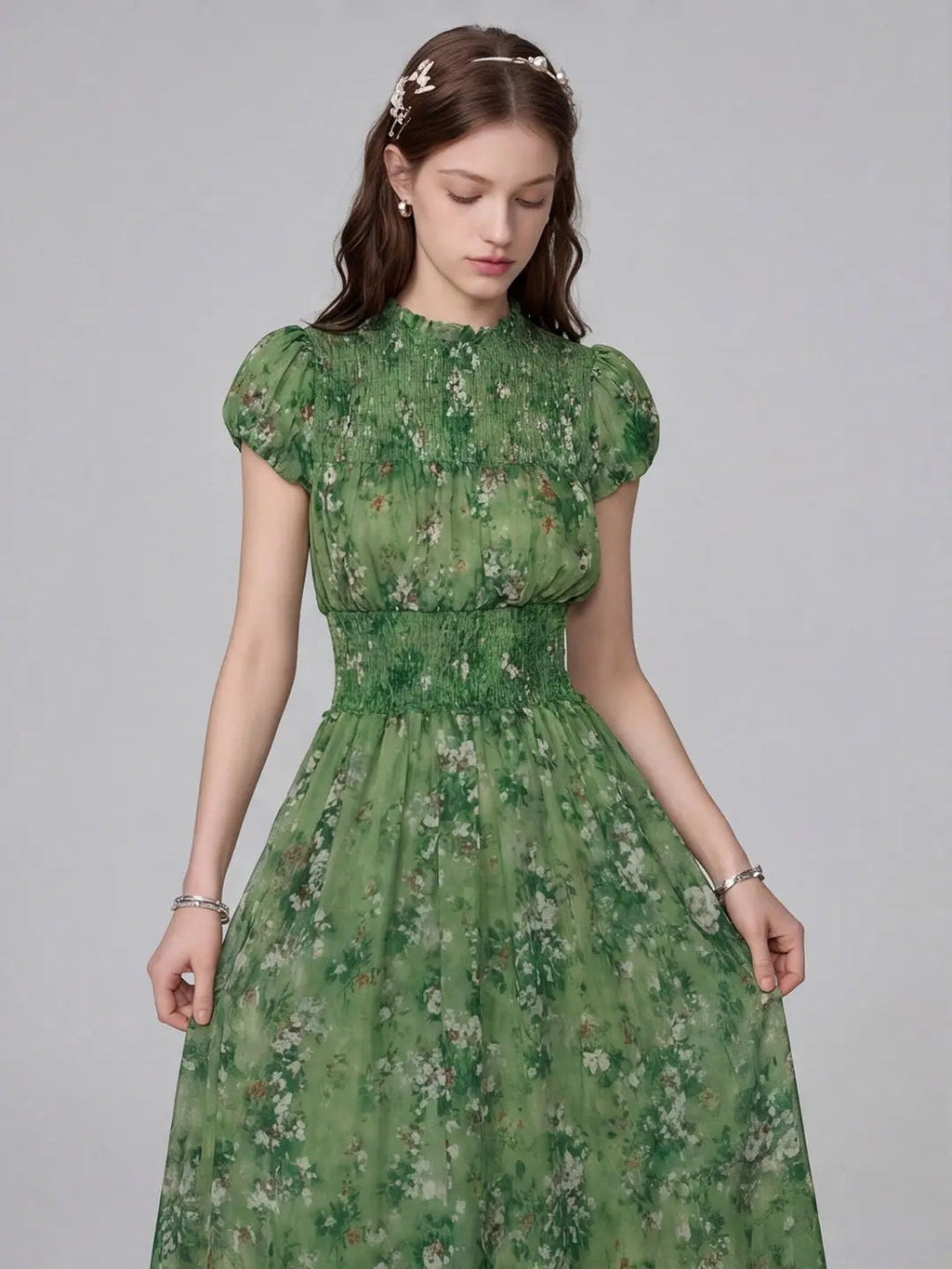 Vestido Verde Manga Globo Talla Grande — Suave y Fluido