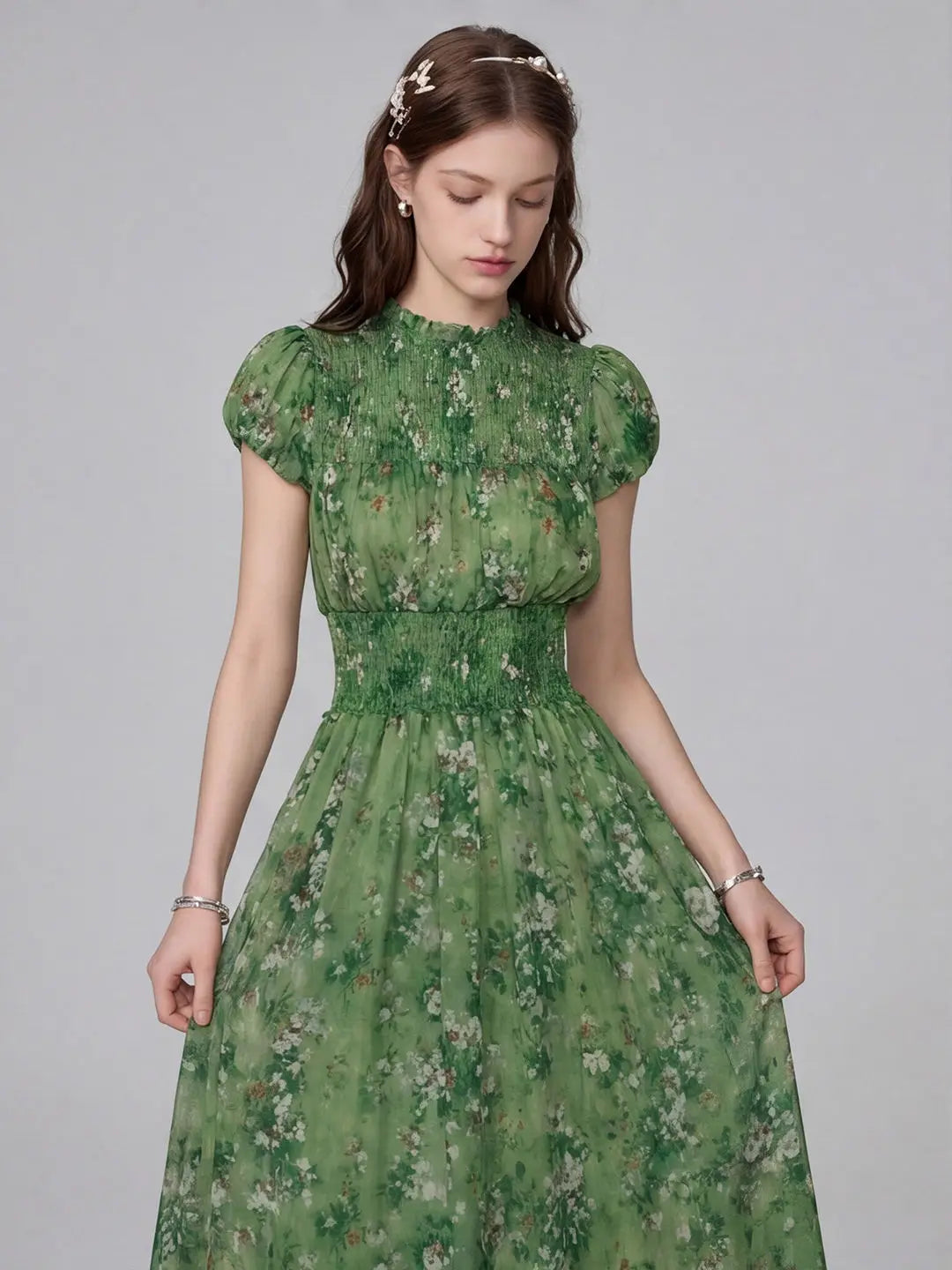 Vestido Verde Manga Globo Talla Grande — Suave y Fluido