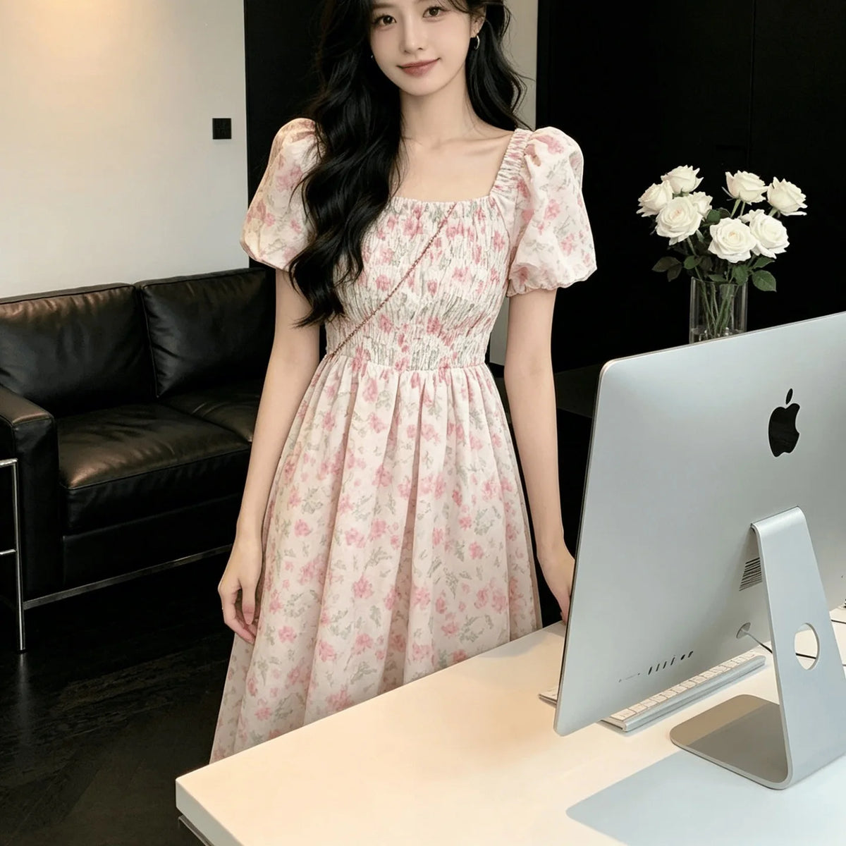 Vestido Midi Plisado Floral — Manga Globo y Cintura Ceñida