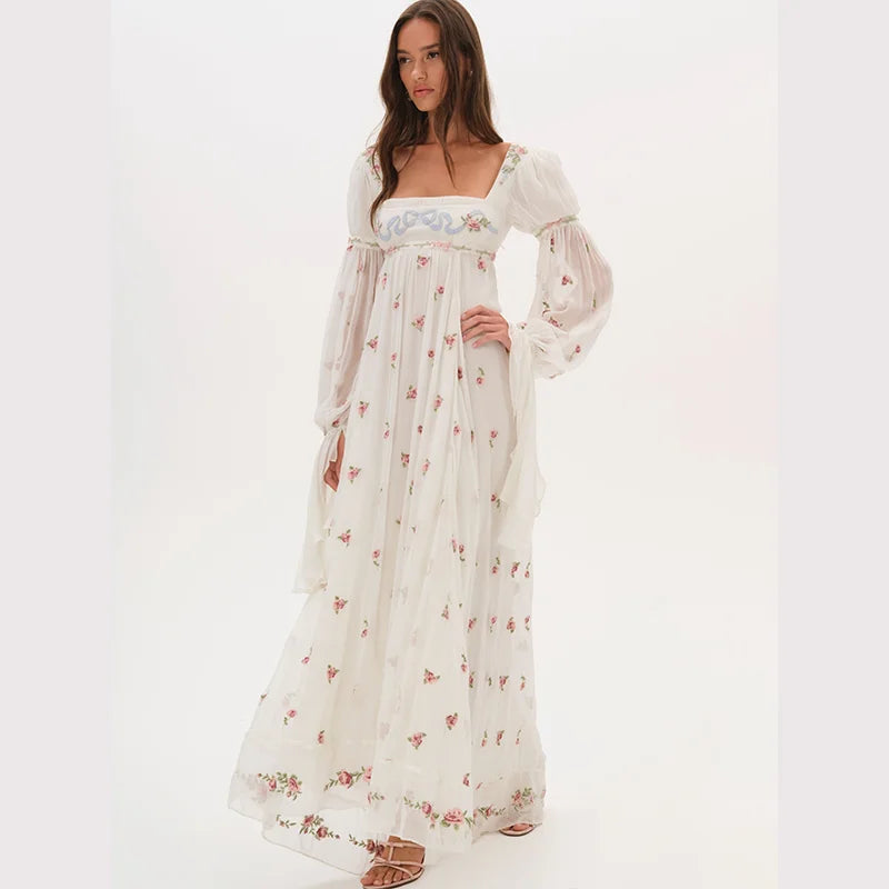 Vestido Maxi Blanco Floral — Manga Larga Abullonada Cottagecore