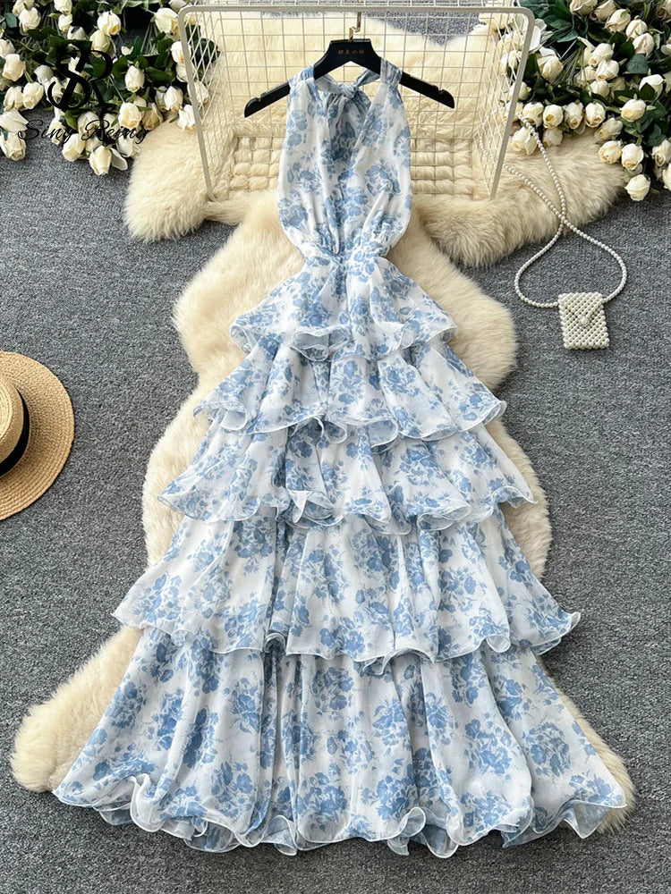 Vestido de Fiesta Floral Afrancesado — Espalda Descubierta con Amarre