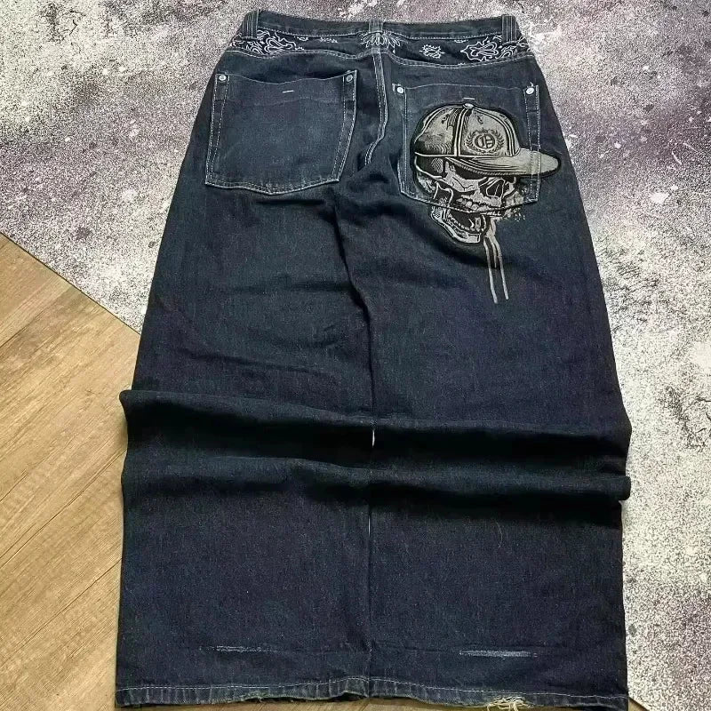 Jeans Anchos Bordados con Flor de Cerezo — Estilo Y2K