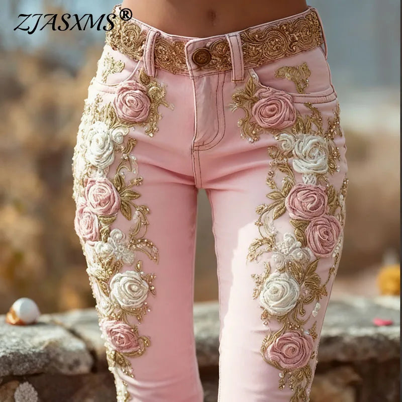 Jeans Estampados de Rosas Vintage — Tiro Alto con Botones
