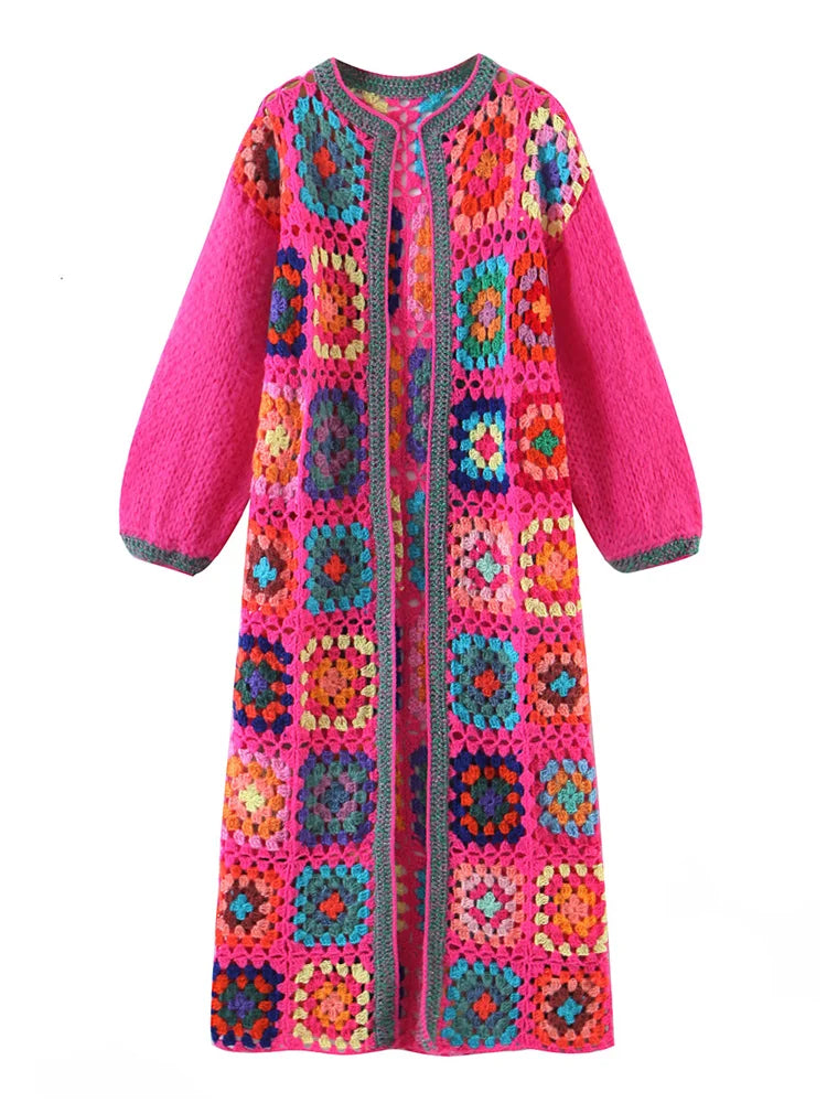 Cárdigan Crochet Largo Vintage — Cuello Redondo