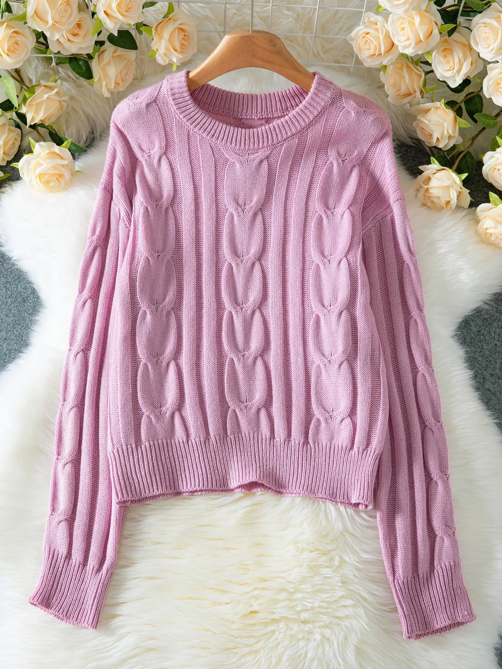 Sweater Rosa Tejido Trenzado — Cuello Redondo Suave