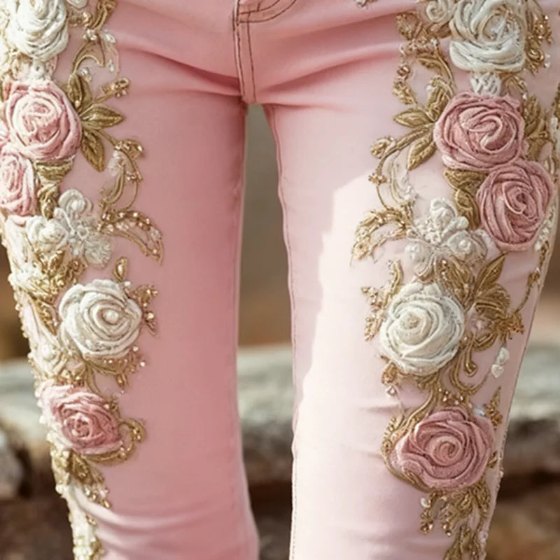 Jeans Estampados de Rosas Vintage — Tiro Alto con Botones