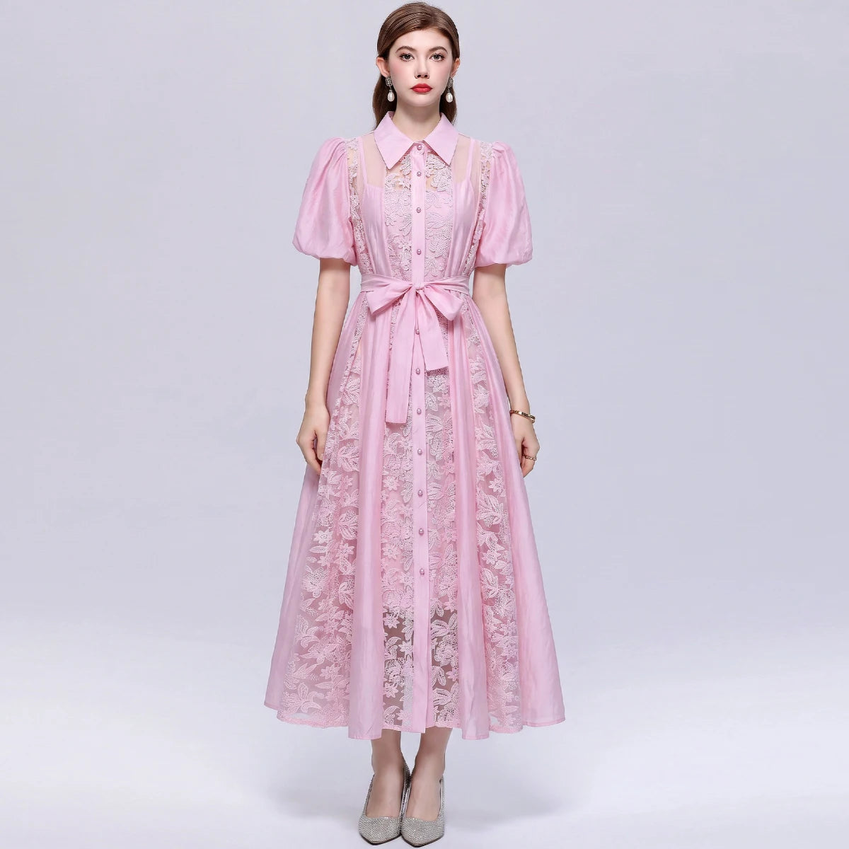 Vestido Camisero de Encaje Calado — Estilo Vintage