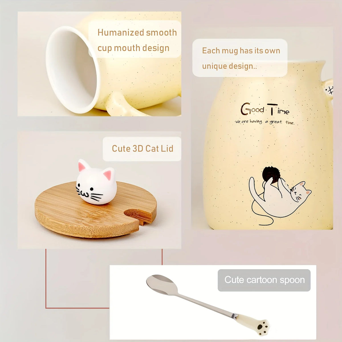 Taza Gato Kawaii con Tapa y Cuchara