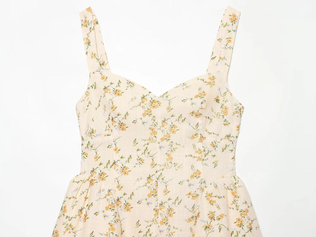Vestido Corto de Tirantes Amarillo Floral — Escote V Fruncido