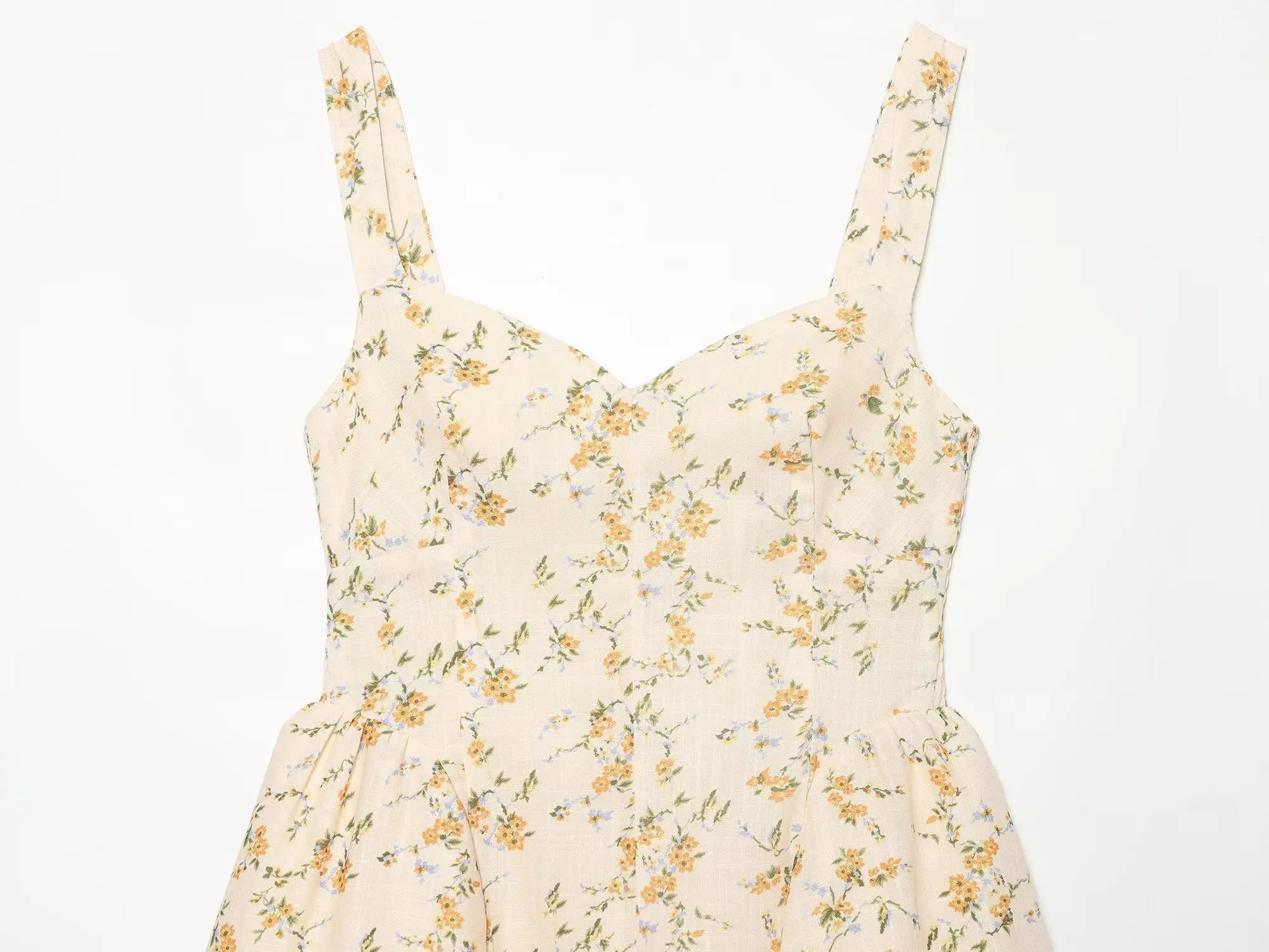 Vestido Corto de Tirantes Amarillo Floral — Escote V Fruncido