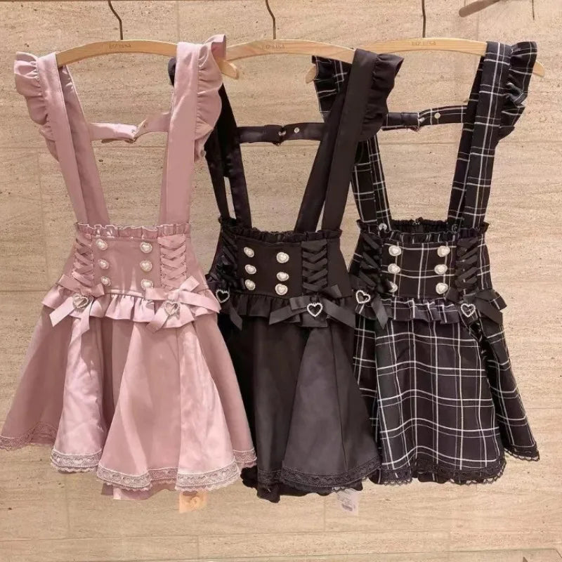 Falda Tiro Alto con Tirantes y Lazo — Estilo Kawaii