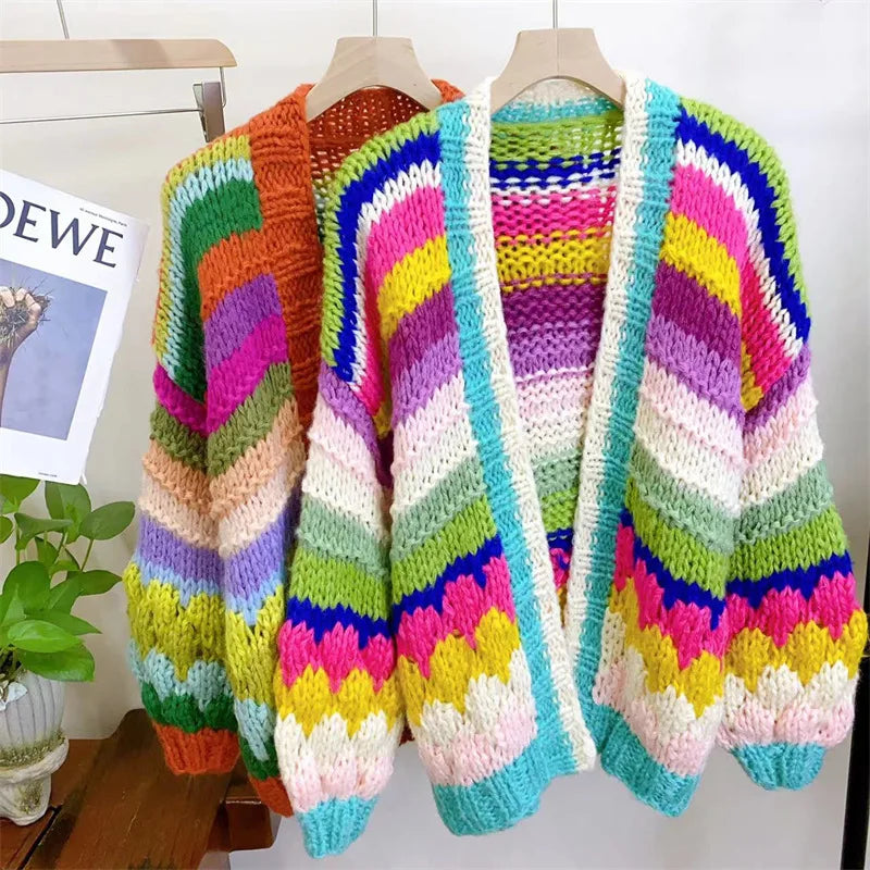 Sweater Grueso Color Block Artesanal — Manga Larga Casual