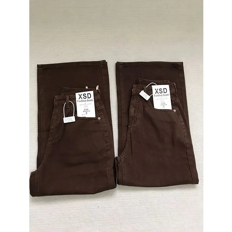 Jeans Rectos Café Retro — Tiro Alto Pierna Ancha