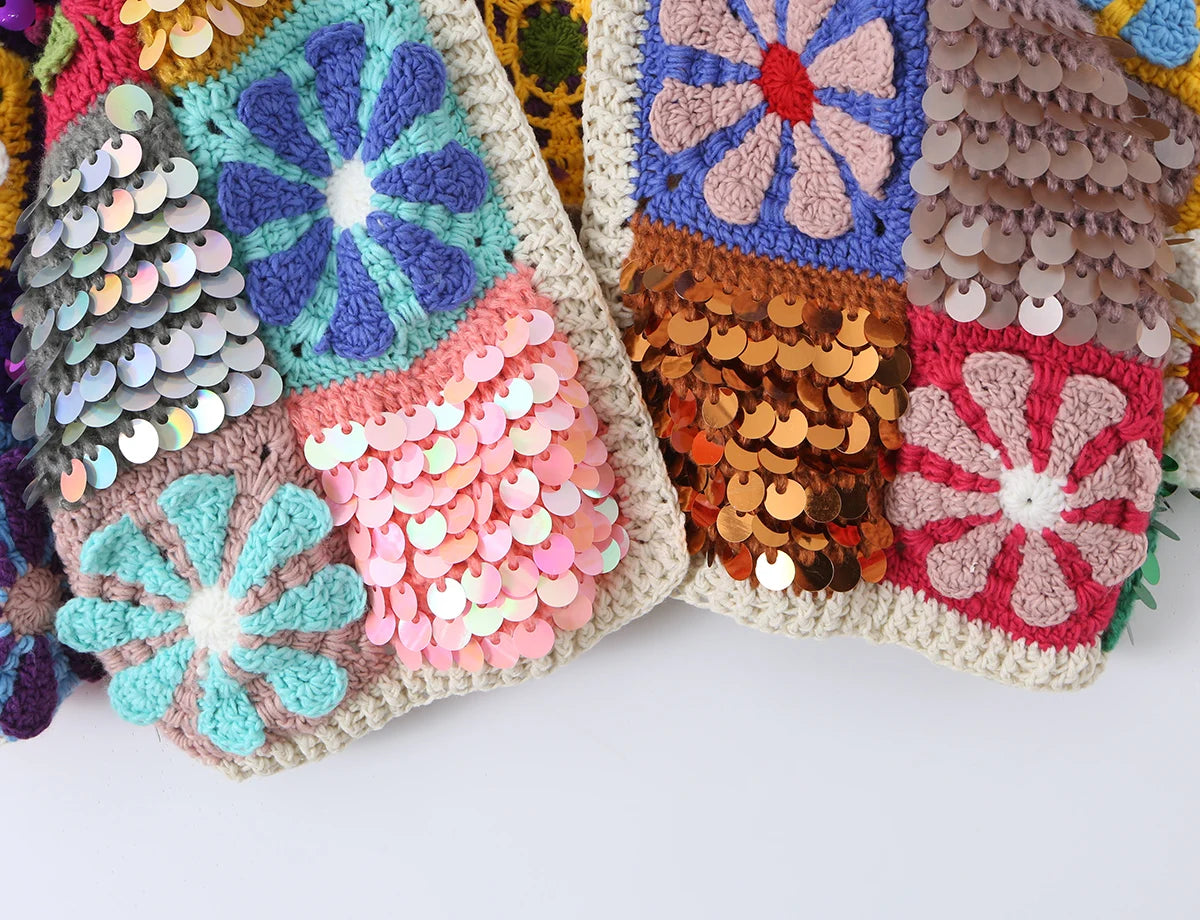 Cárdigan Crochet con Pedrería y Lentejuelas — Manga Farol