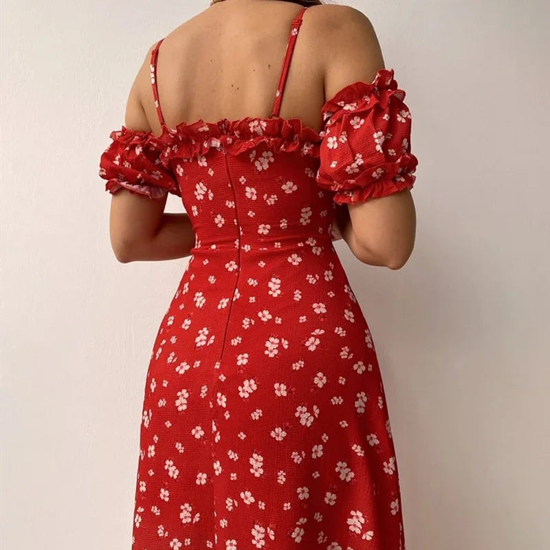 Vestido Midi Floral Hombros Descubiertos — Abertura Lateral