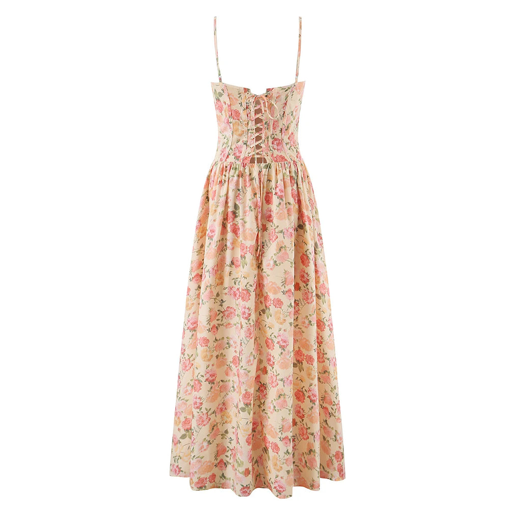 Vestido Largo de Tirantes Naranja con Corsé Cruzado