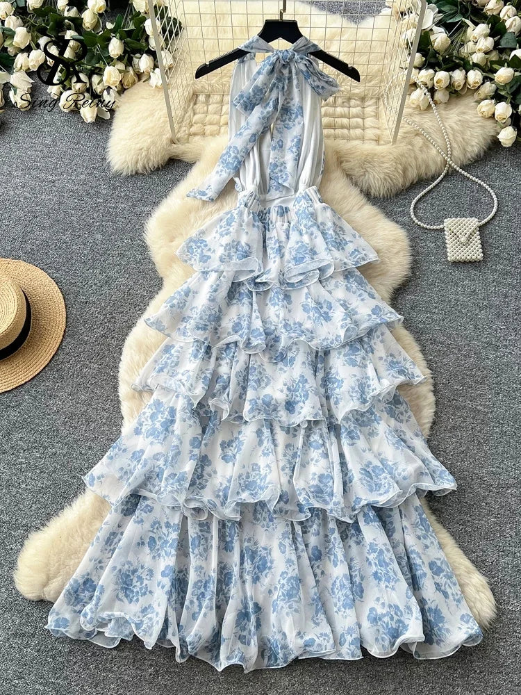 Vestido de Fiesta Floral Afrancesado — Espalda Descubierta con Amarre