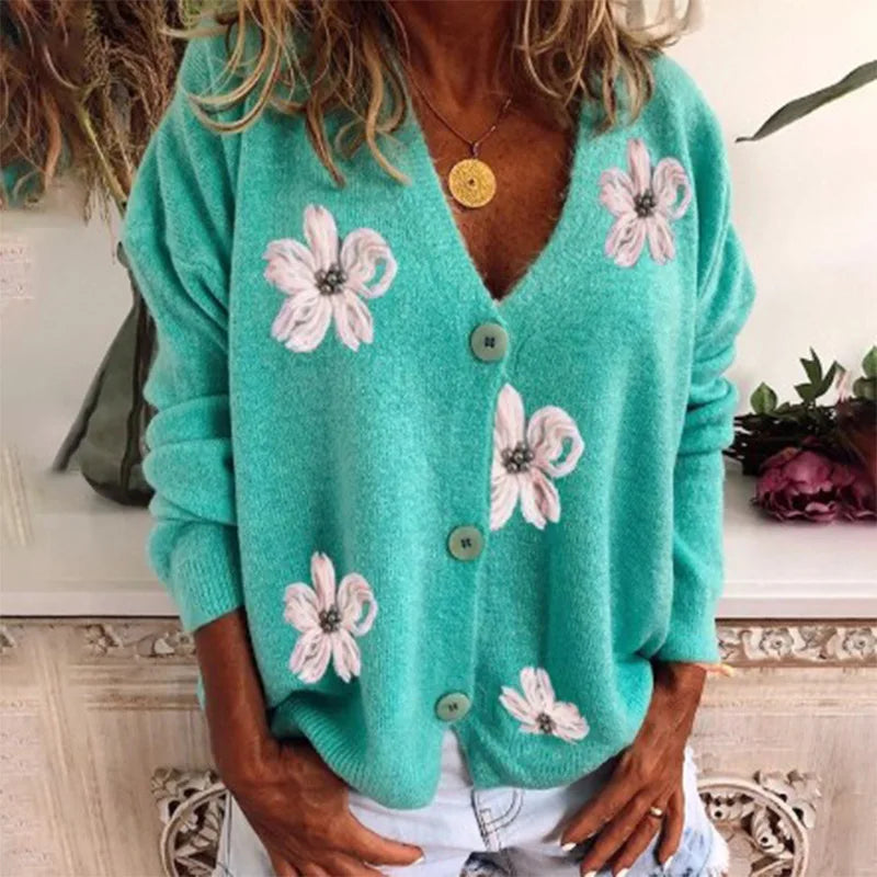 Cárdigan Estampado Cuello V — Botonadura Elegante