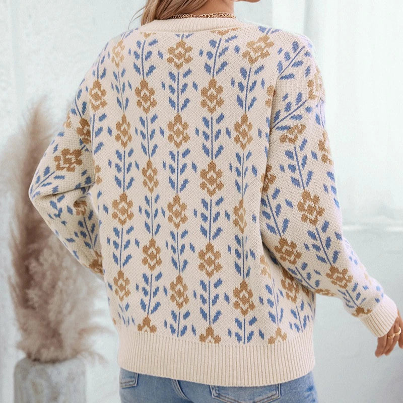 Sweater Jacquard Floral Vintage — Cuello Redondo Retro